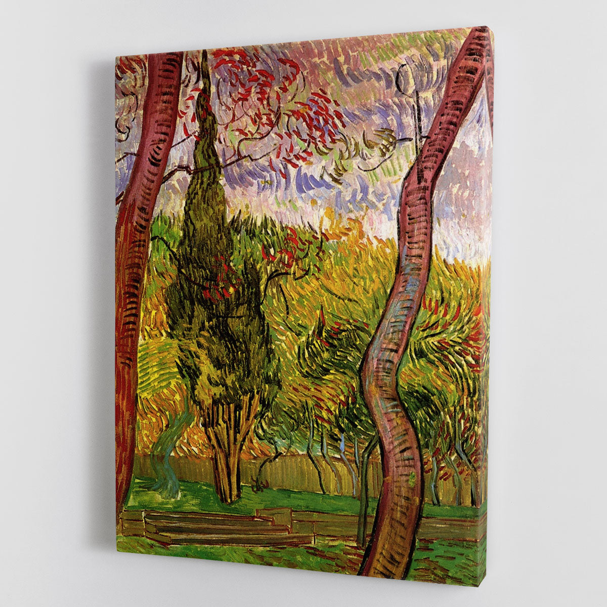 The Garden of Saint-Paul Hospital 2 by Van Gogh, vibrant garden scene canvas print or poster, showcasing colorful flowers and greenery.