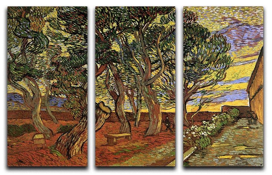 Three-panel canvas art featuring Van Gogh's The Garden of Saint-Paul Hospital, showcasing vibrant colors and intricate details.