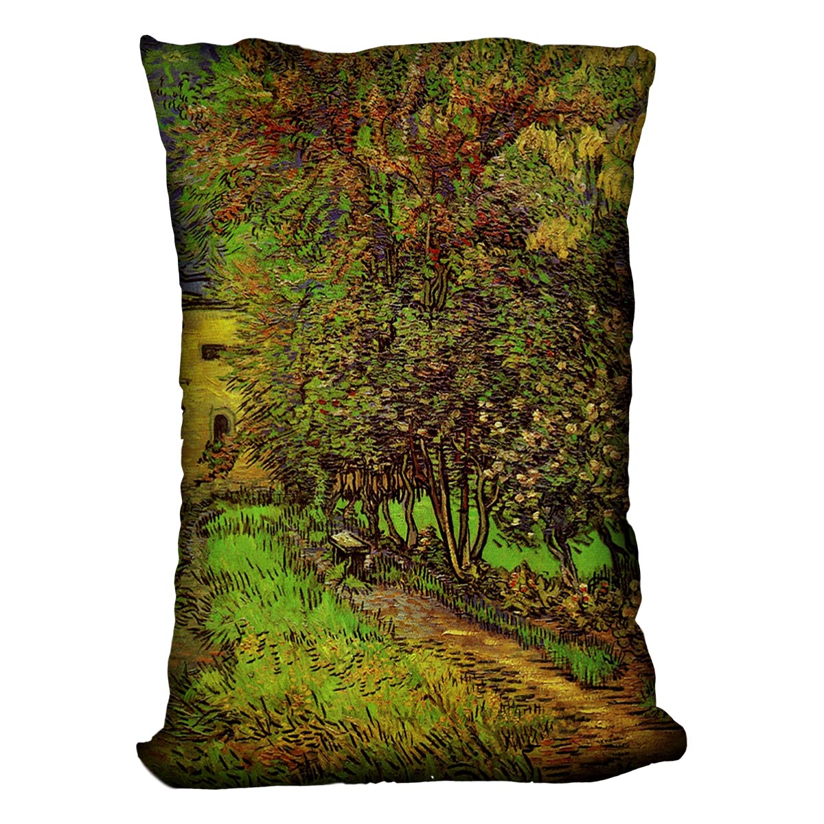 A vibrant cushion featuring Van Gogh's The Garden of Saint-Paul Hospital design, made from luxurious vegan faux suede.