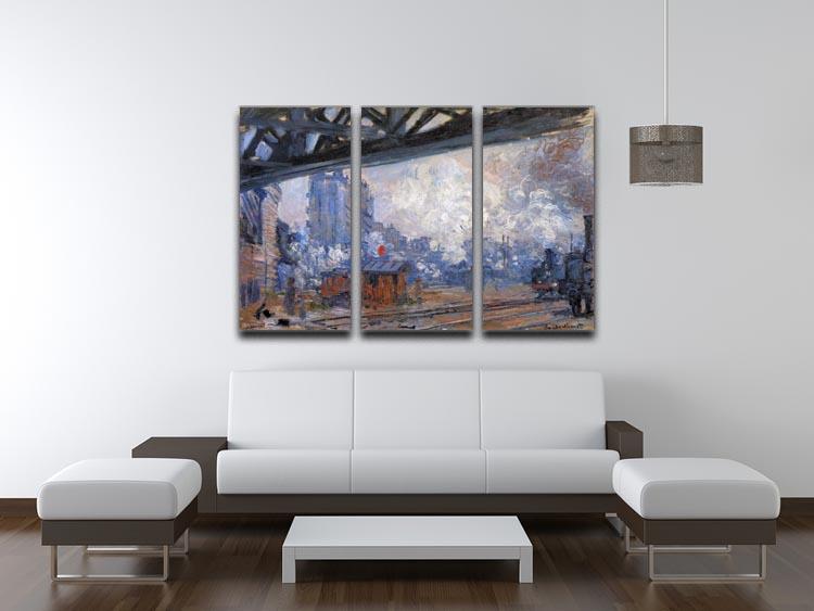 Three-panel canvas print of Monet's The Gare Saint Lazare, showcasing vibrant colors and intricate details.