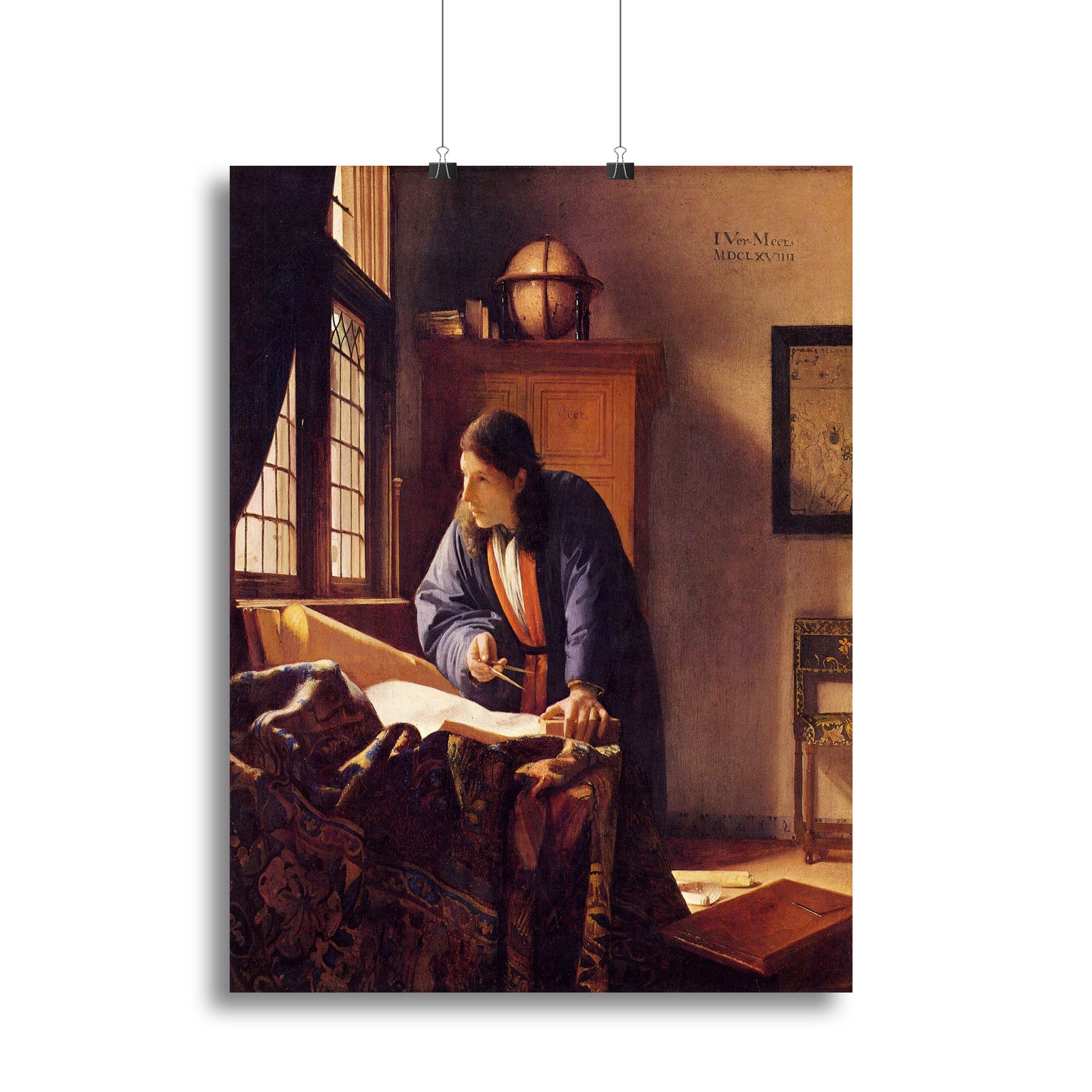 Canvas print of 'The Geographer' by Vermeer, showcasing a geographer with maps and instruments in a beautifully lit room.