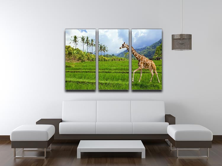 Three-panel canvas art featuring a giraffe on green grass with mountains in the background, showcasing vibrant colors and intricate details.