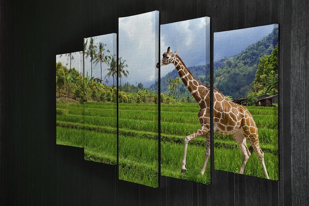 A vibrant 5-split panel artwork featuring a giraffe on green grass with mountains in the background, showcasing stunning colors and details.
