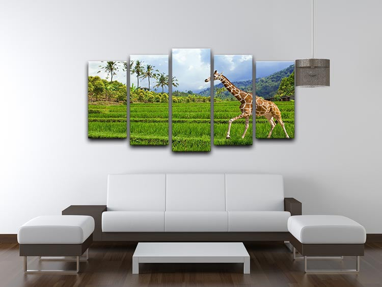 A vibrant 5-split panel artwork featuring a giraffe on green grass with mountains in the background, showcasing stunning colors and details.