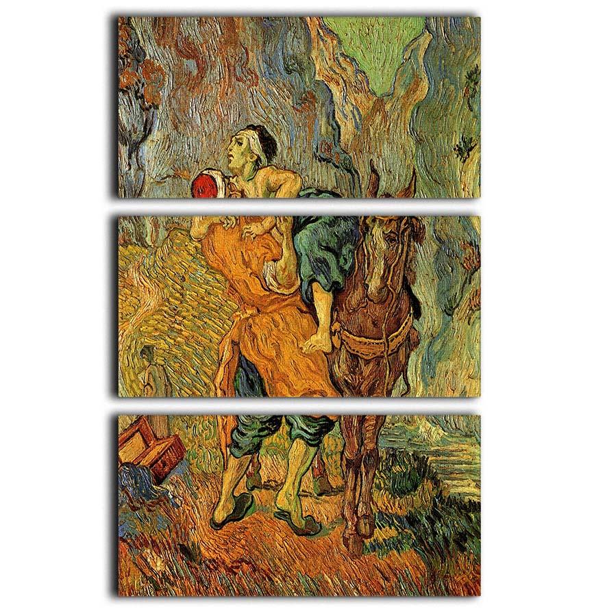 Three-panel canvas art depicting The Good Samaritan after Delacroix by Van Gogh, showcasing vibrant colors and intricate details.