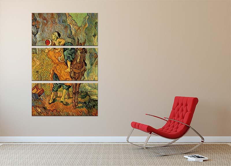 Three-panel canvas art depicting The Good Samaritan after Delacroix by Van Gogh, showcasing vibrant colors and intricate details.