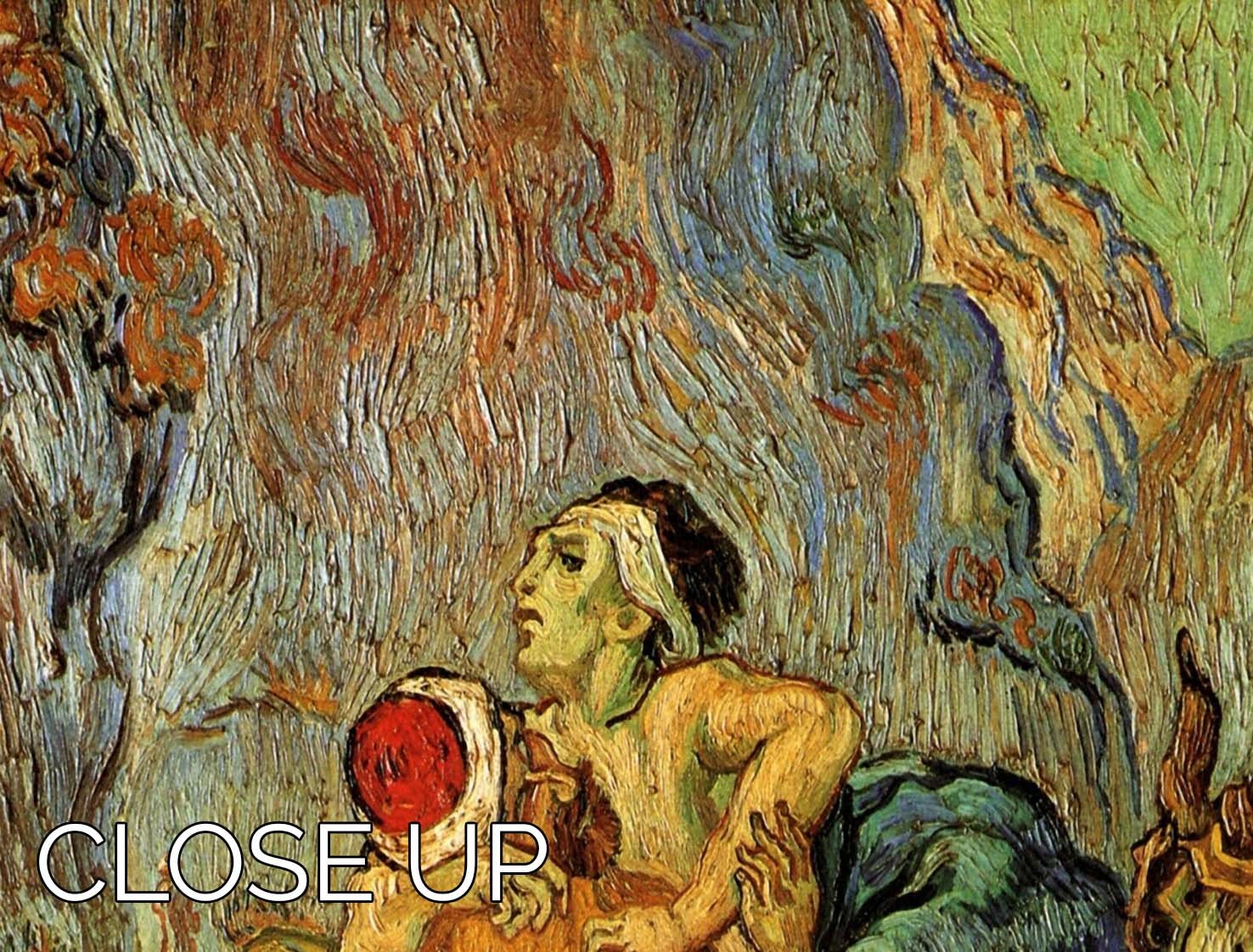 Three-panel canvas art depicting The Good Samaritan after Delacroix by Van Gogh, showcasing vibrant colors and intricate details.