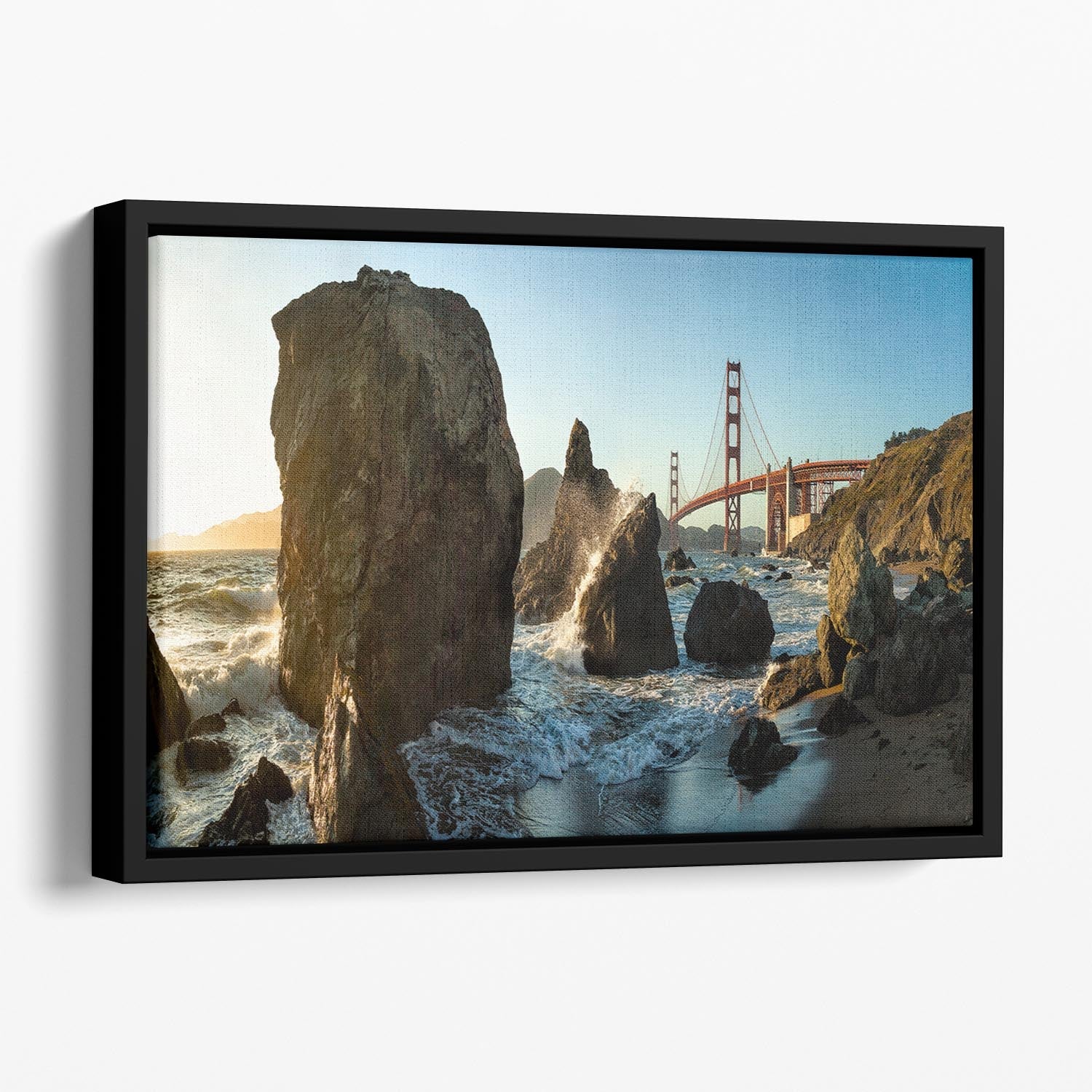 A vibrant abstract canvas print of the Golden Gate Bridge in an elegant floating frame, showcasing rich colors and modern design.