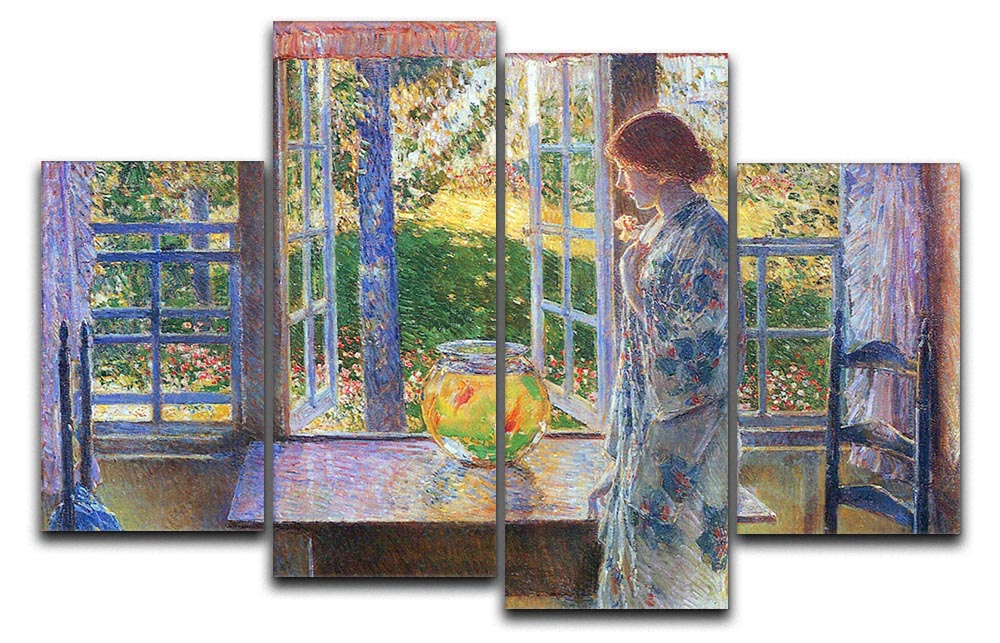 The Goldfish Window by Hassam, a vibrant 4-split canvas artwork showcasing colorful goldfish in a serene aquatic setting.