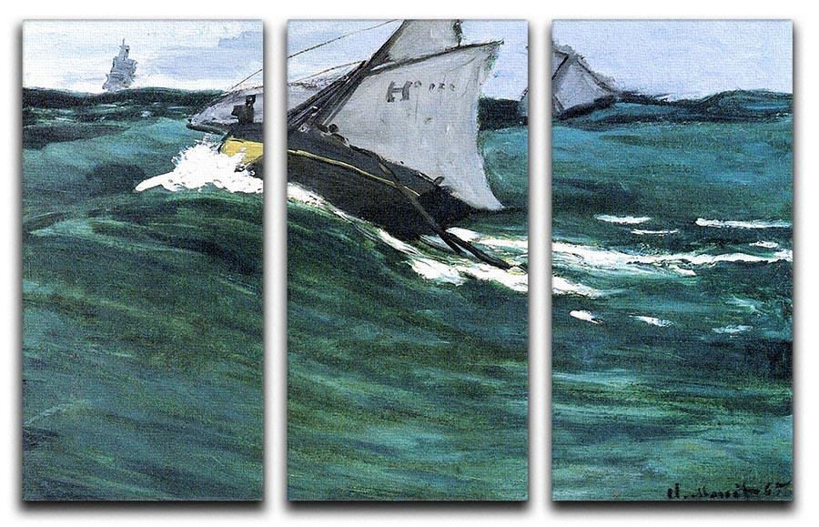 The Green Wave by Monet split panel canvas print showcasing three panels of vibrant green waves and serene nature.