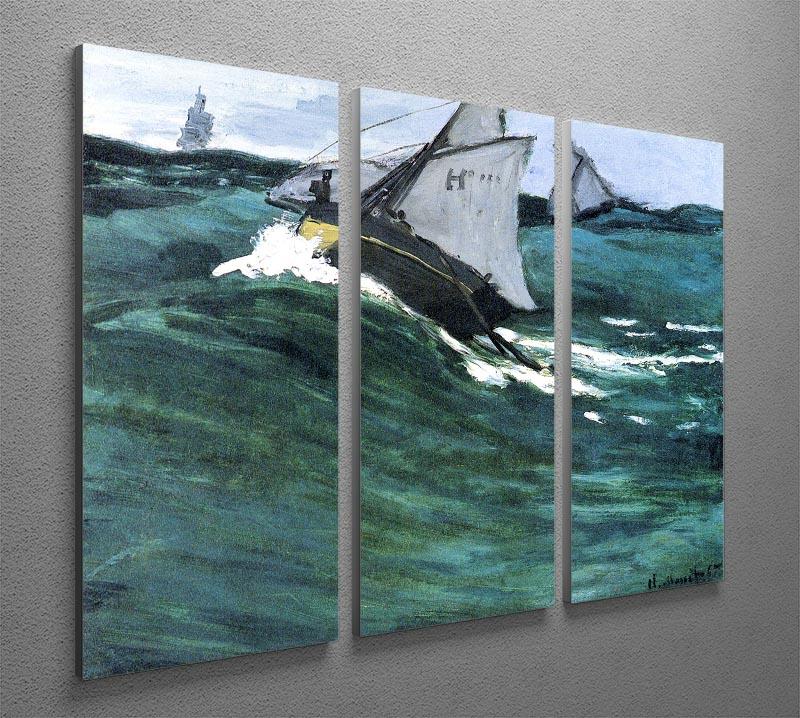 The Green Wave by Monet split panel canvas print showcasing three panels of vibrant green waves and serene nature.