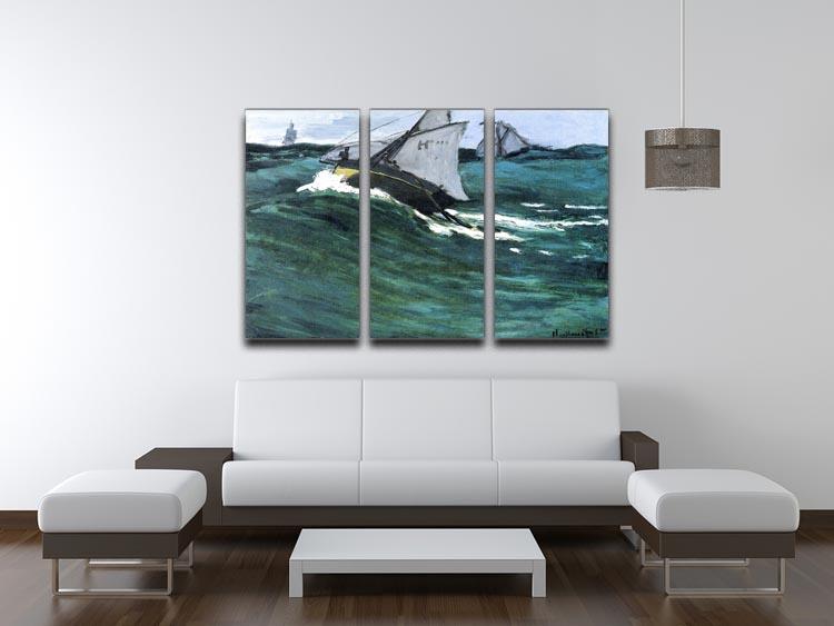 The Green Wave by Monet split panel canvas print showcasing three panels of vibrant green waves and serene nature.