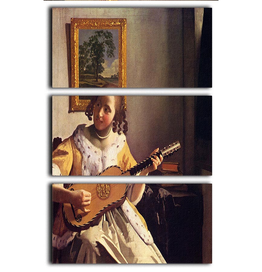 Three-panel canvas print of Vermeer's The Guitar Player, showcasing intricate details and vibrant colors.