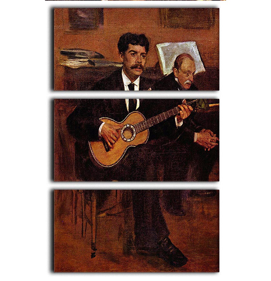 Three-panel canvas art featuring The Guitarist Pagans and Monsieur Degas by Degas, showcasing vibrant colors and intricate details.