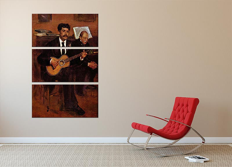 Three-panel canvas art featuring The Guitarist Pagans and Monsieur Degas by Degas, showcasing vibrant colors and intricate details.