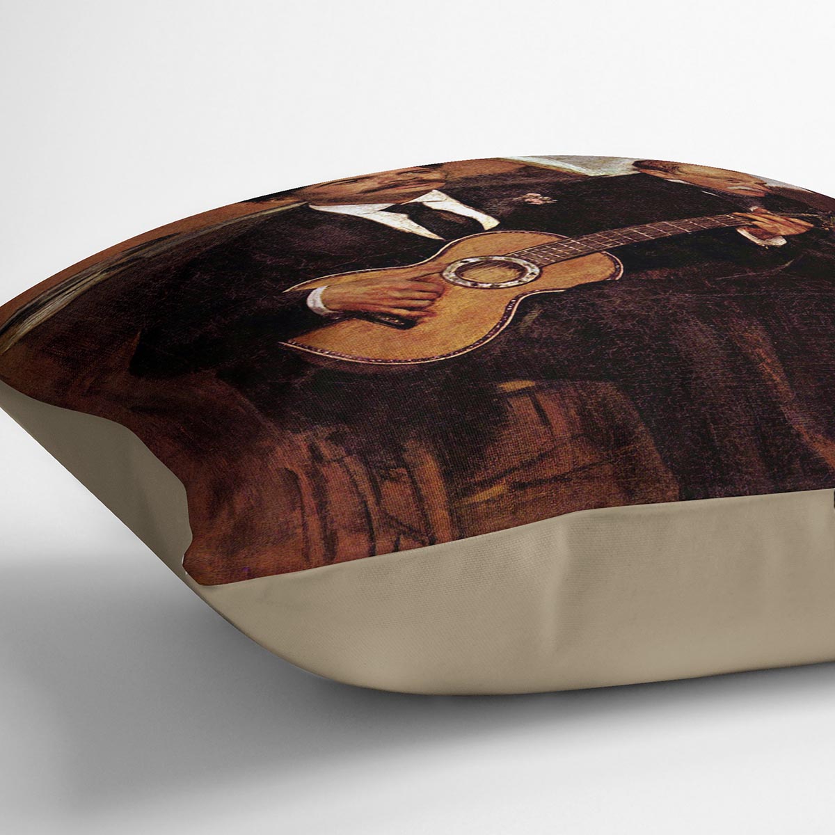 Vibrant abstract cushion featuring Guitarist Pagans and Monsieur Degas by Manet, made from luxurious vegan faux suede.