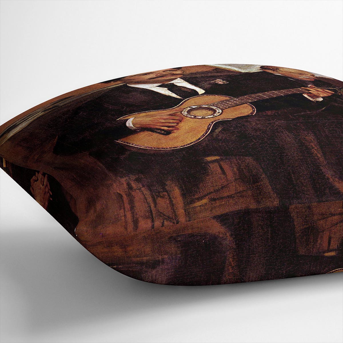 Vibrant abstract cushion featuring Guitarist Pagans and Monsieur Degas by Manet, made from luxurious vegan faux suede.