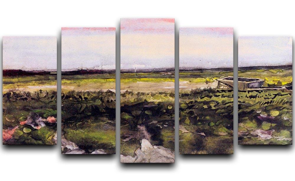 A vibrant 5-split canvas artwork featuring Van Gogh's The Heath with a Wheelbarrow, showcasing rich colors and dynamic composition.