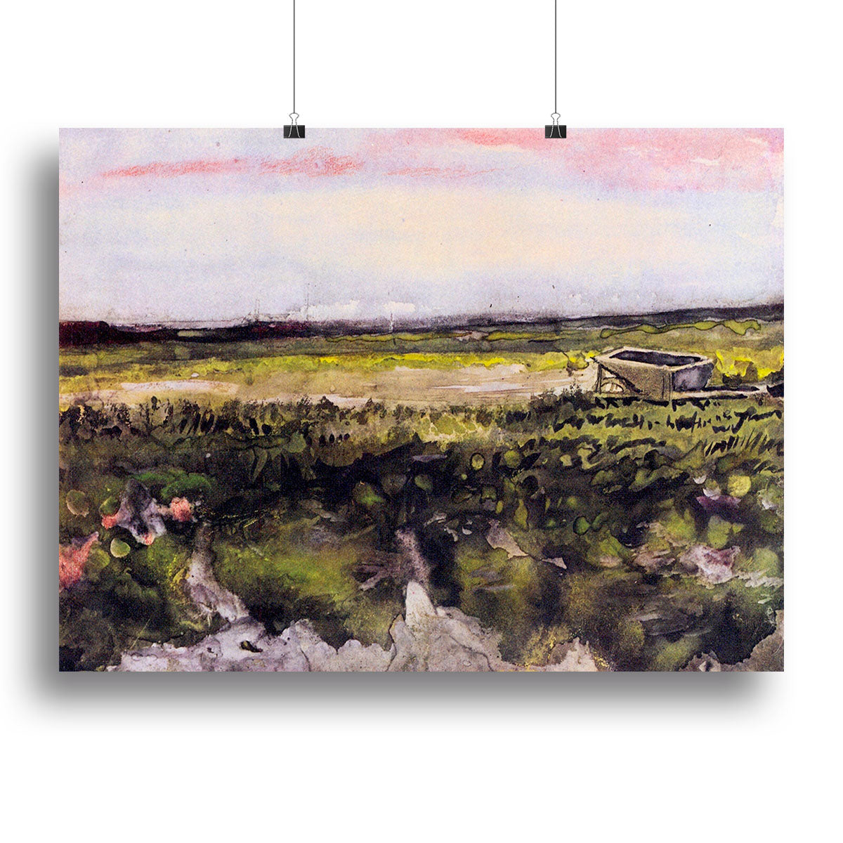 The Heath with a Wheelbarrow by Van Gogh, a vibrant canvas print showcasing a serene landscape with a rustic wheelbarrow.