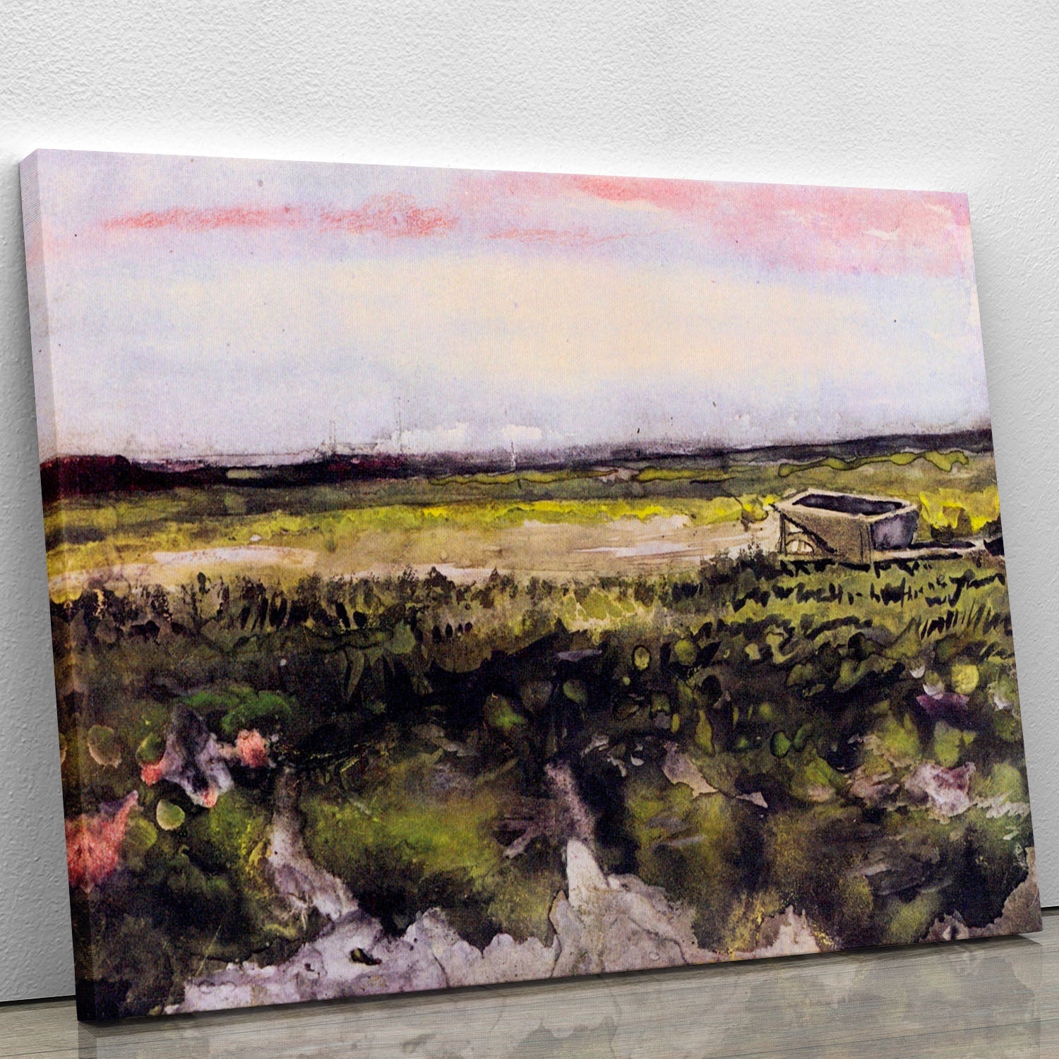 The Heath with a Wheelbarrow by Van Gogh, a vibrant canvas print showcasing a serene landscape with a rustic wheelbarrow.