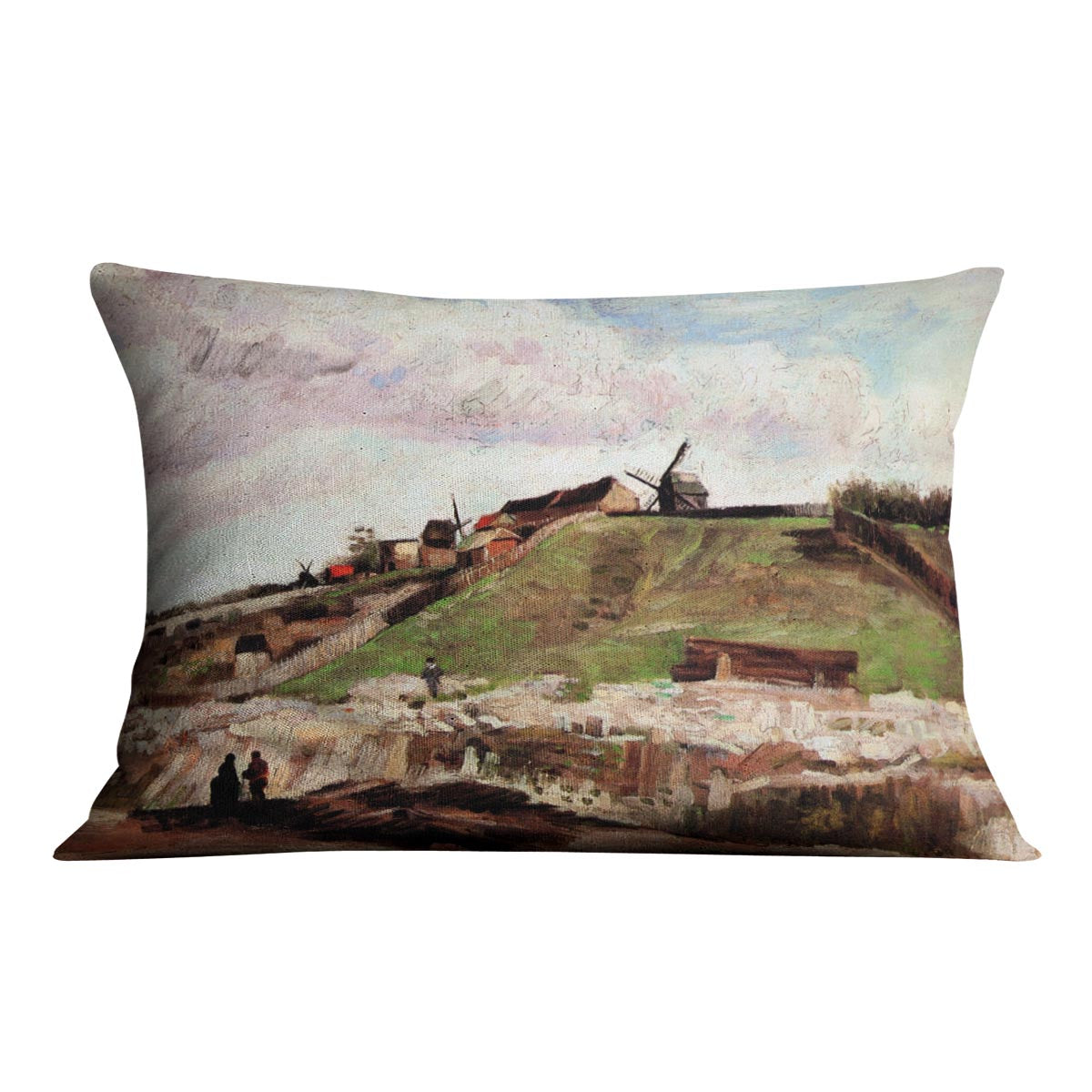 A vibrant cushion featuring Van Gogh's Hill of Montmartre artwork, made from soft vegan faux suede.