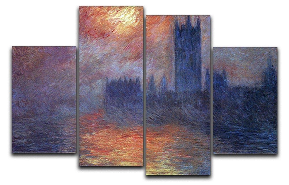 A 4-panel canvas artwork depicting Monet's The Houses of Parliament at sunset, showcasing vibrant colors and intricate details.