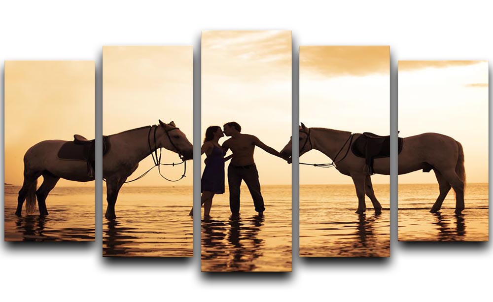 A romantic 5 Split Panel canvas artwork depicting a couple in love at sunset by the sea, showcasing vibrant colors and serene atmosphere.