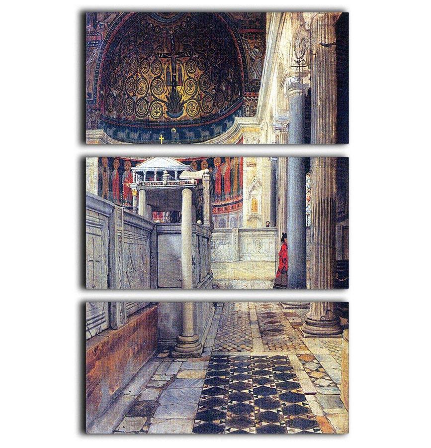 Three-panel canvas art depicting the interior of the church of San Clemente in Rome, showcasing intricate architectural details.
