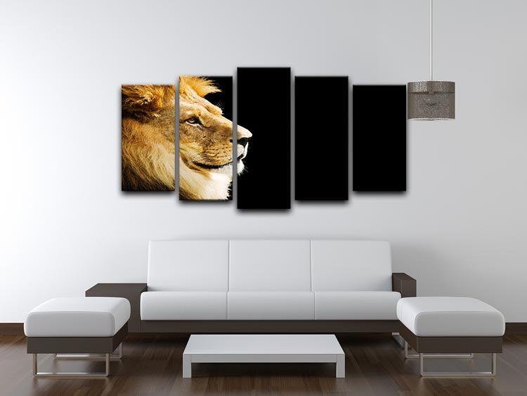 A majestic portrait of a lion, split into five panels, showcasing its regal presence and vibrant colors.