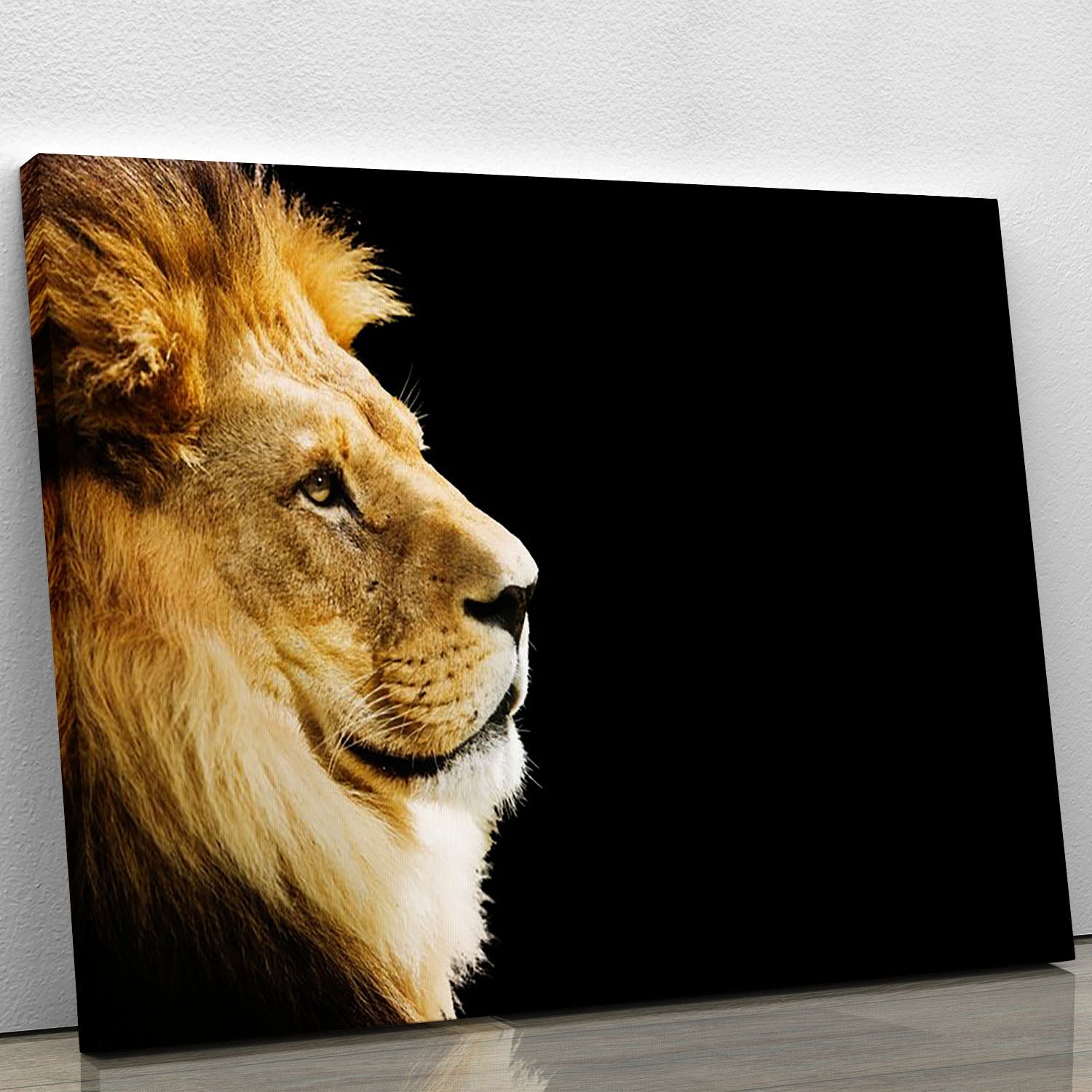 A majestic portrait of a lion, symbolizing strength and beauty, printed on high-quality canvas, perfect for home decor.