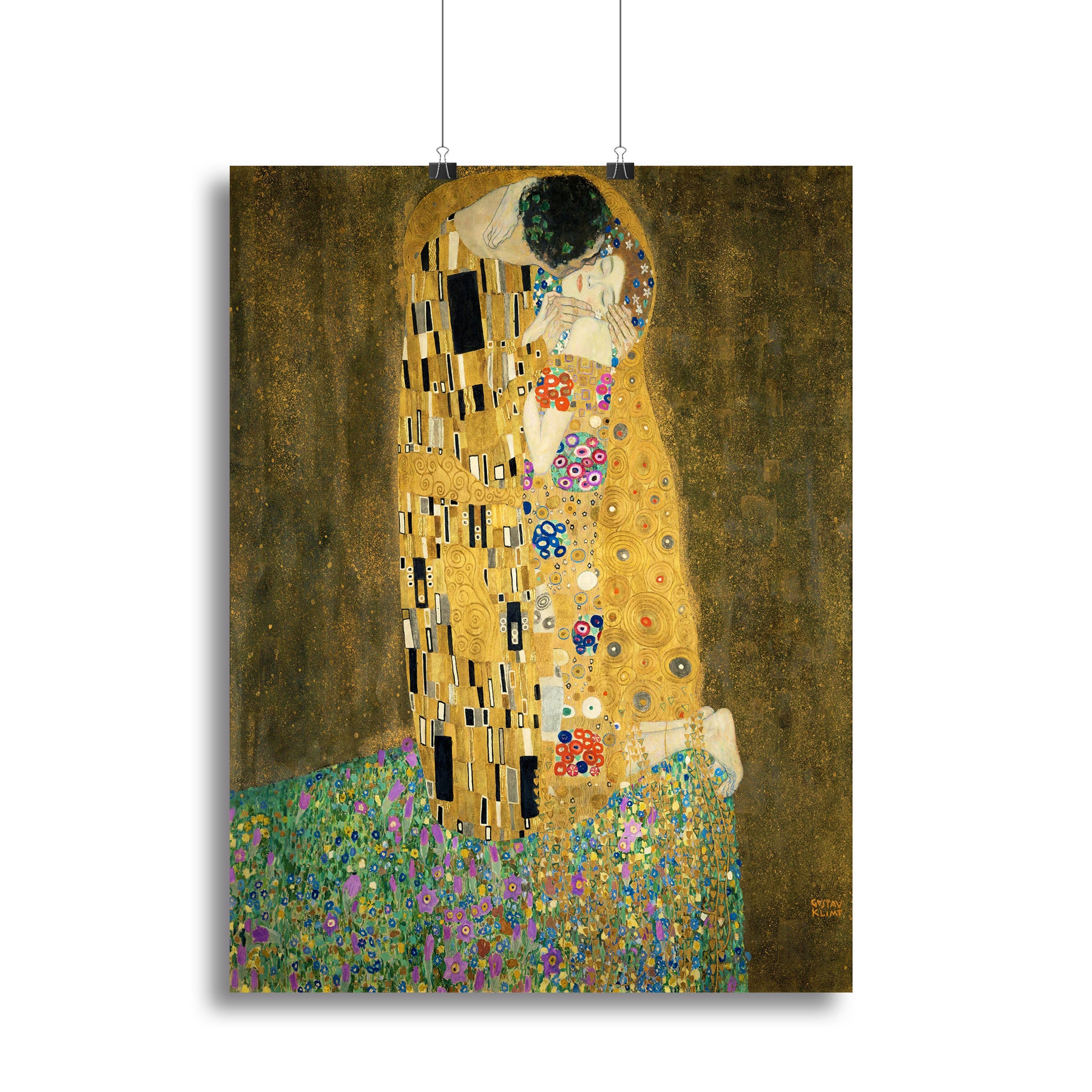 The Kiss by Klimt canvas print showcasing intricate details and vibrant colors, perfect for home decor.