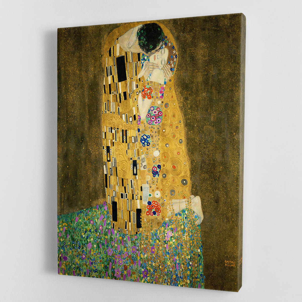 The Kiss by Klimt canvas print showcasing intricate details and vibrant colors, perfect for home decor.