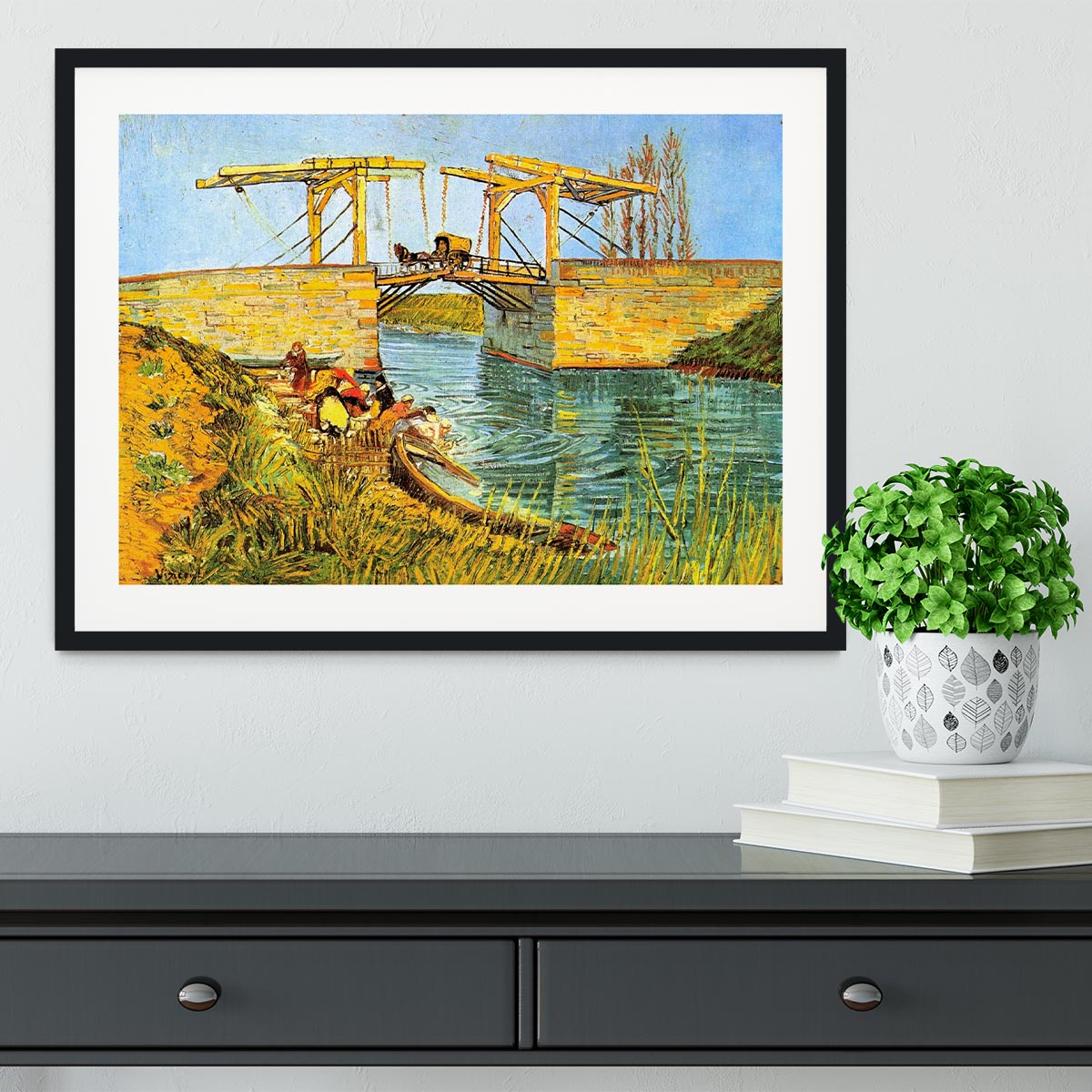 Framed print of Van Gogh's The Langlois Bridge at Arles, showcasing vibrant colors and quality craftsmanship.
