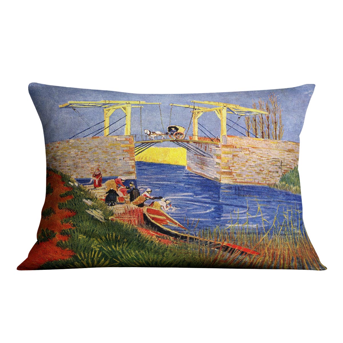 Cushion featuring Van Gogh's The Langlois Bridge at Arles with Women Washing, showcasing vibrant colors and artistic design.