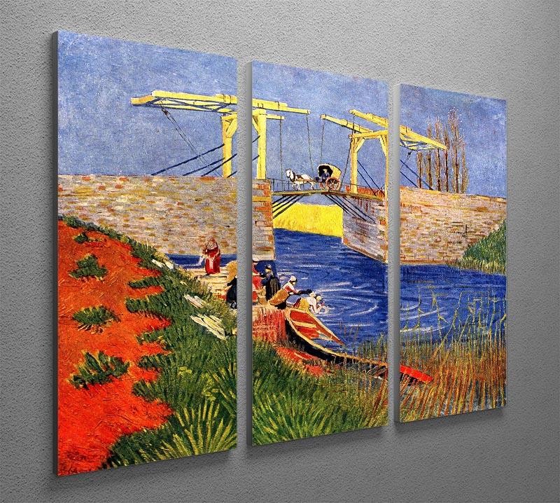 Three-panel canvas art featuring Van Gogh's The Langlois Bridge at Arles with Women Washing, showcasing vibrant colors and intricate details.