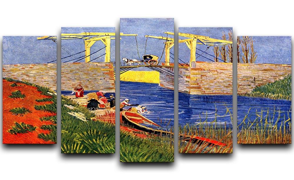 A 5-split canvas artwork featuring Van Gogh's The Langlois Bridge at Arles, depicting women washing by the river in vibrant colors.
