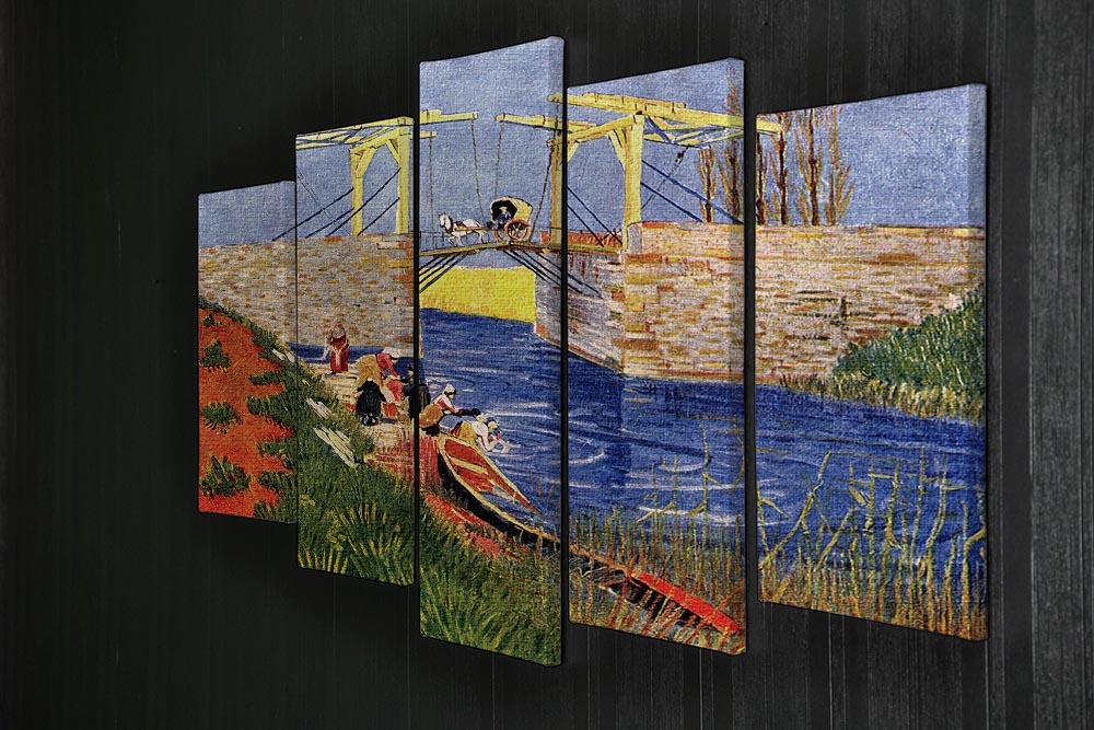A 5-split canvas artwork featuring Van Gogh's The Langlois Bridge at Arles, depicting women washing by the river in vibrant colors.
