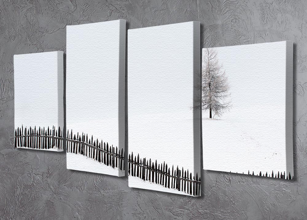 The Larch Behind The Fence 4 Split Panel Canvas artwork featuring serene larch trees divided into four panels, creating a cohesive and dynamic display.