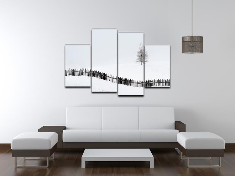 The Larch Behind The Fence 4 Split Panel Canvas artwork featuring serene larch trees divided into four panels, creating a cohesive and dynamic display.