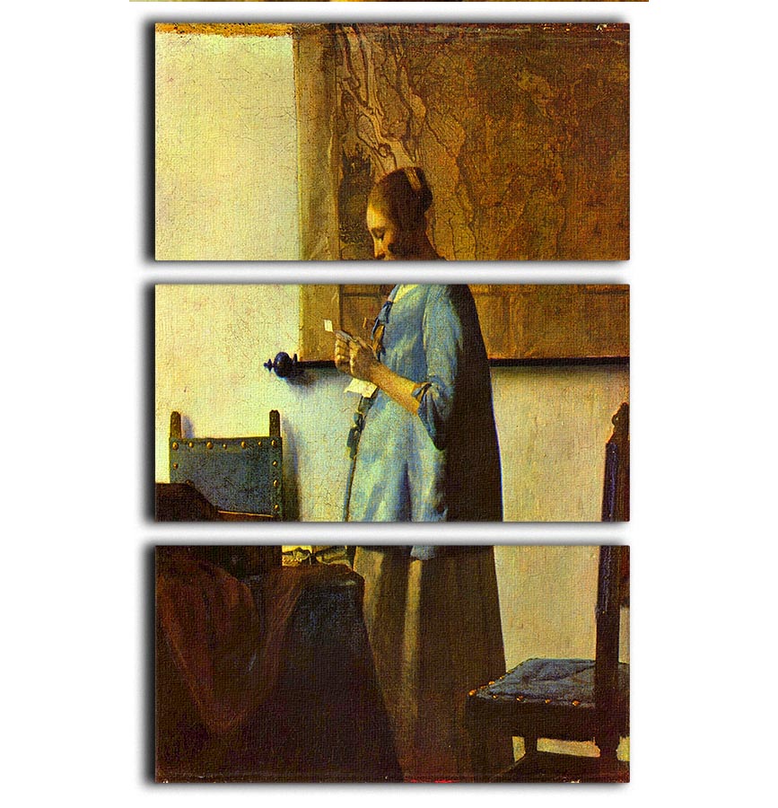 Three-panel canvas print of The Letter Reader by Vermeer, showcasing intricate details and vibrant colors.