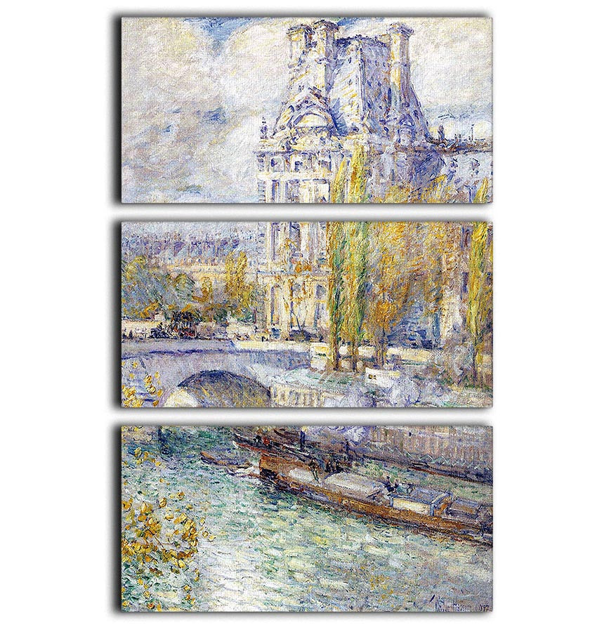 A stunning 3-panel canvas print featuring The Louvre on Pont Royal by Hassam, showcasing vibrant colors and intricate details.