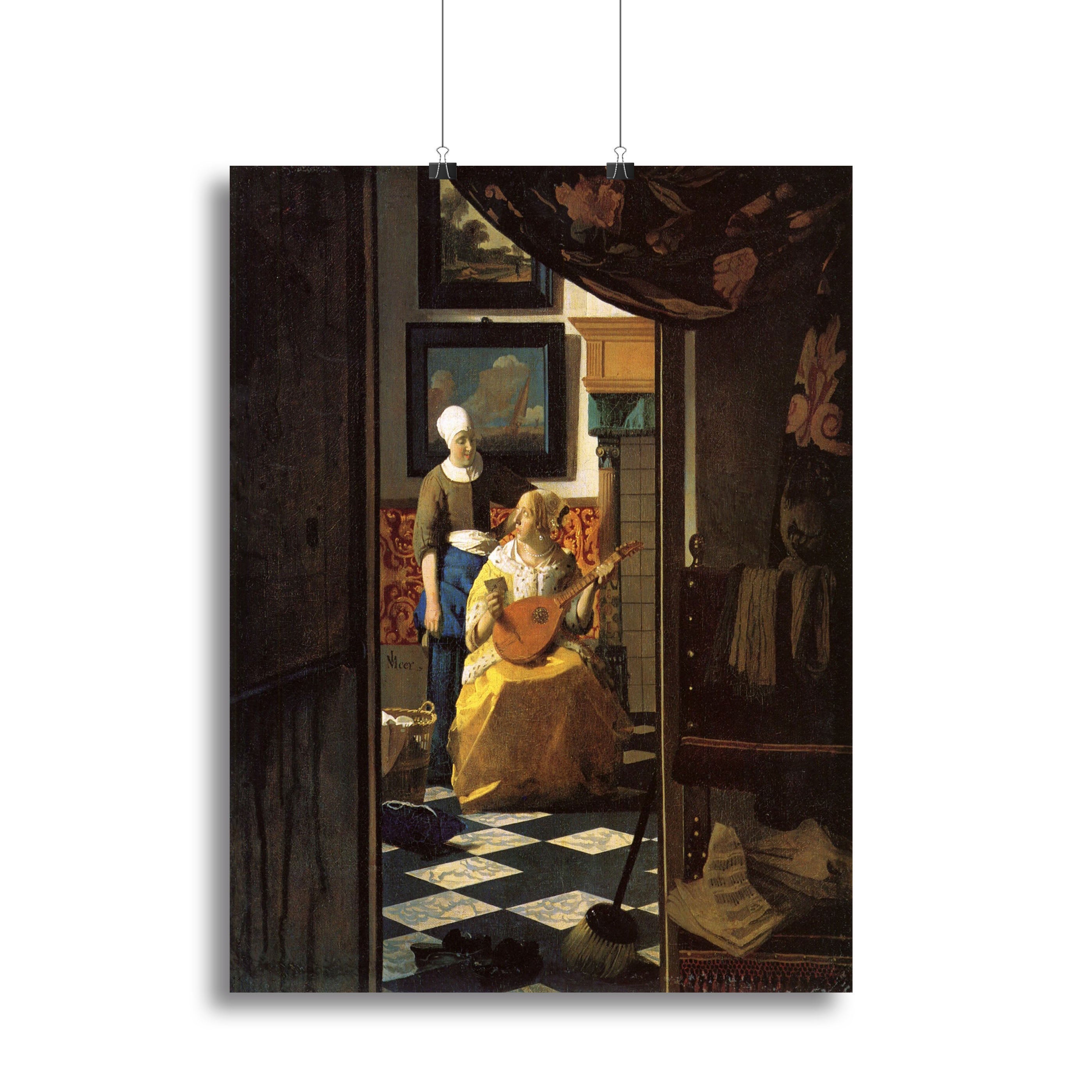 Canvas print of The Love Letter by Vermeer, showcasing a serene scene of a woman writing a letter, rich in detail and color.