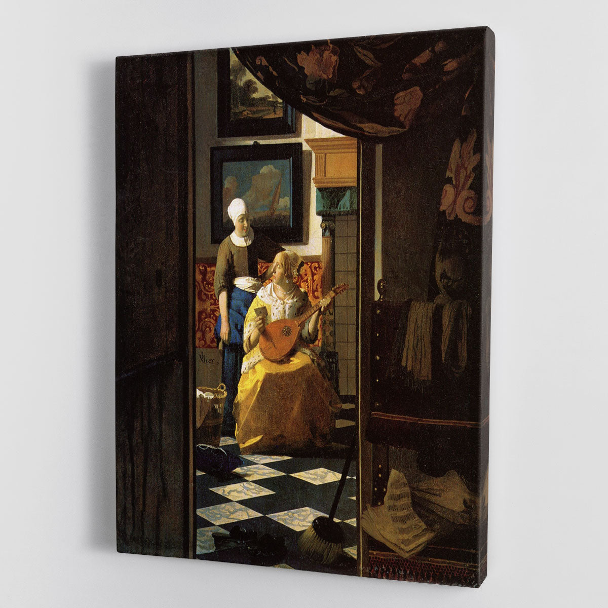 Canvas print of The Love Letter by Vermeer, showcasing a serene scene of a woman writing a letter, rich in detail and color.