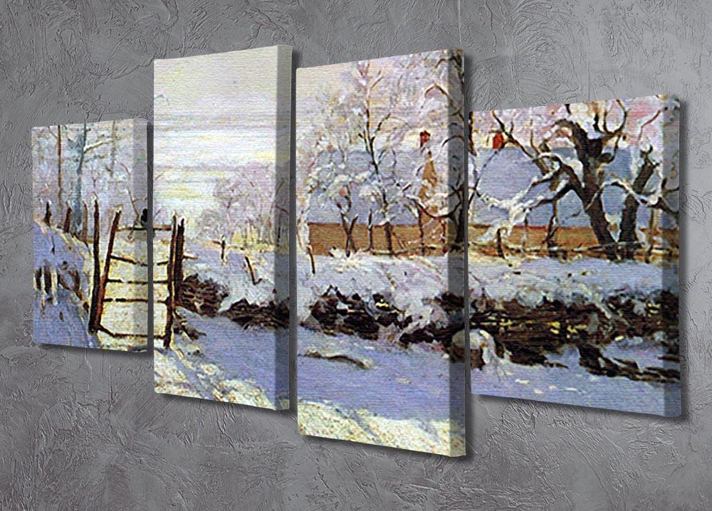 The Magpie by Monet 4 Split Panel Canvas artwork featuring a winter landscape with a magpie on a snow-covered fence, divided into four equal sections.