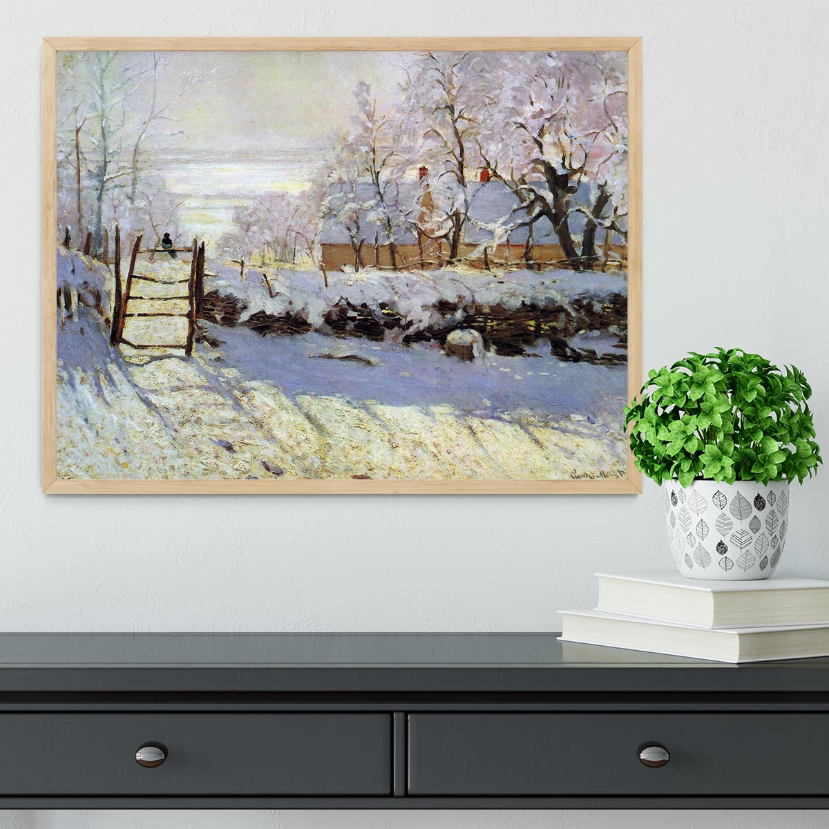 Framed print of The Magpie by Monet, showcasing vibrant colors and intricate details in a handmade frame.