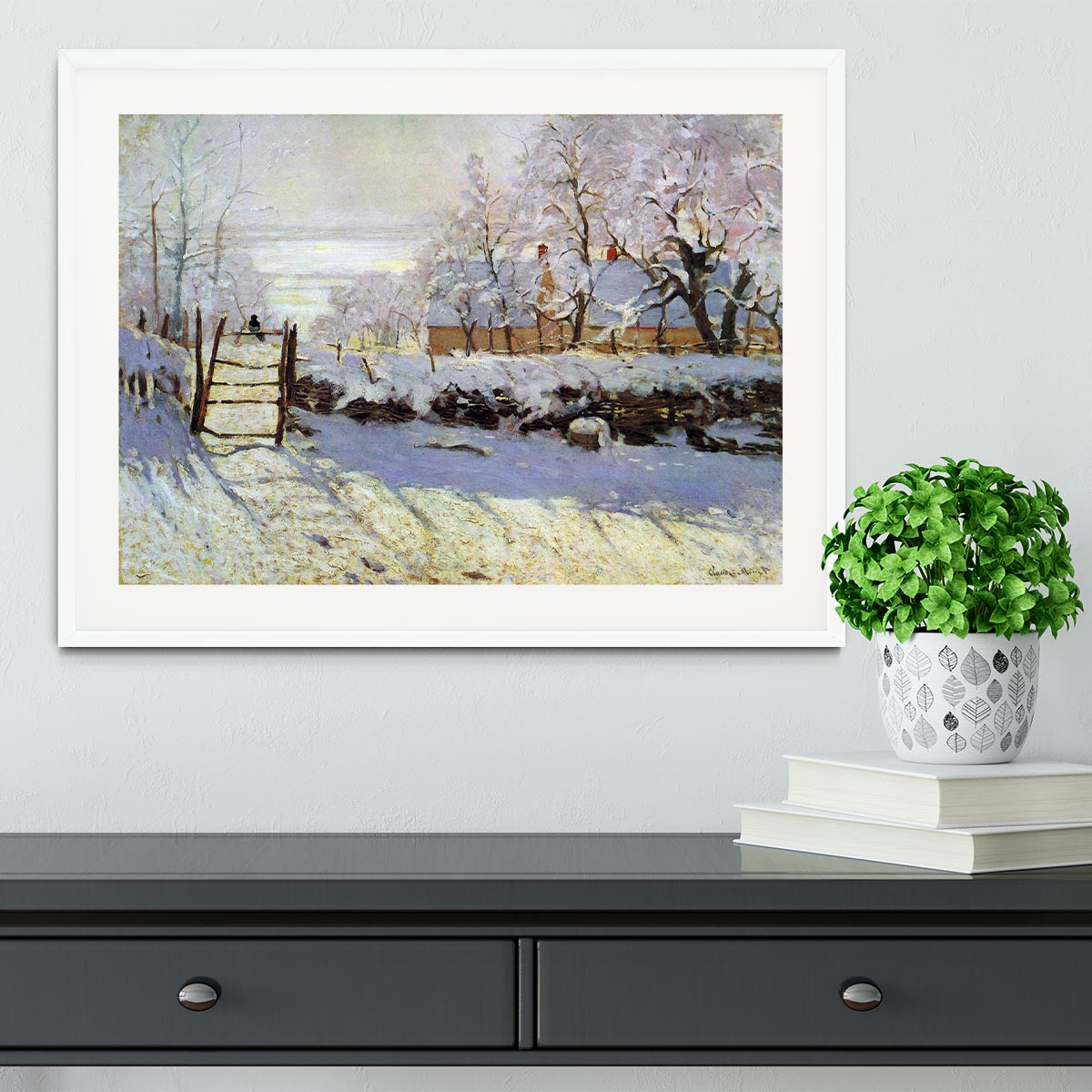 Framed print of The Magpie by Monet, showcasing vibrant colors and intricate details in a handmade frame.