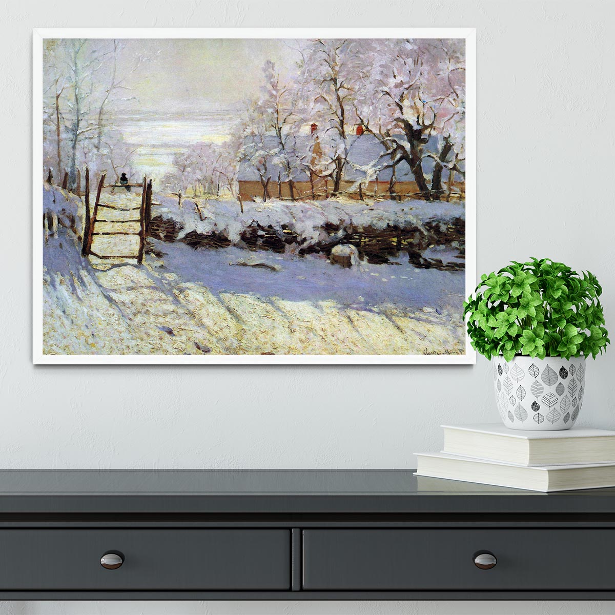 Framed print of The Magpie by Monet, showcasing vibrant colors and intricate details in a handmade frame.