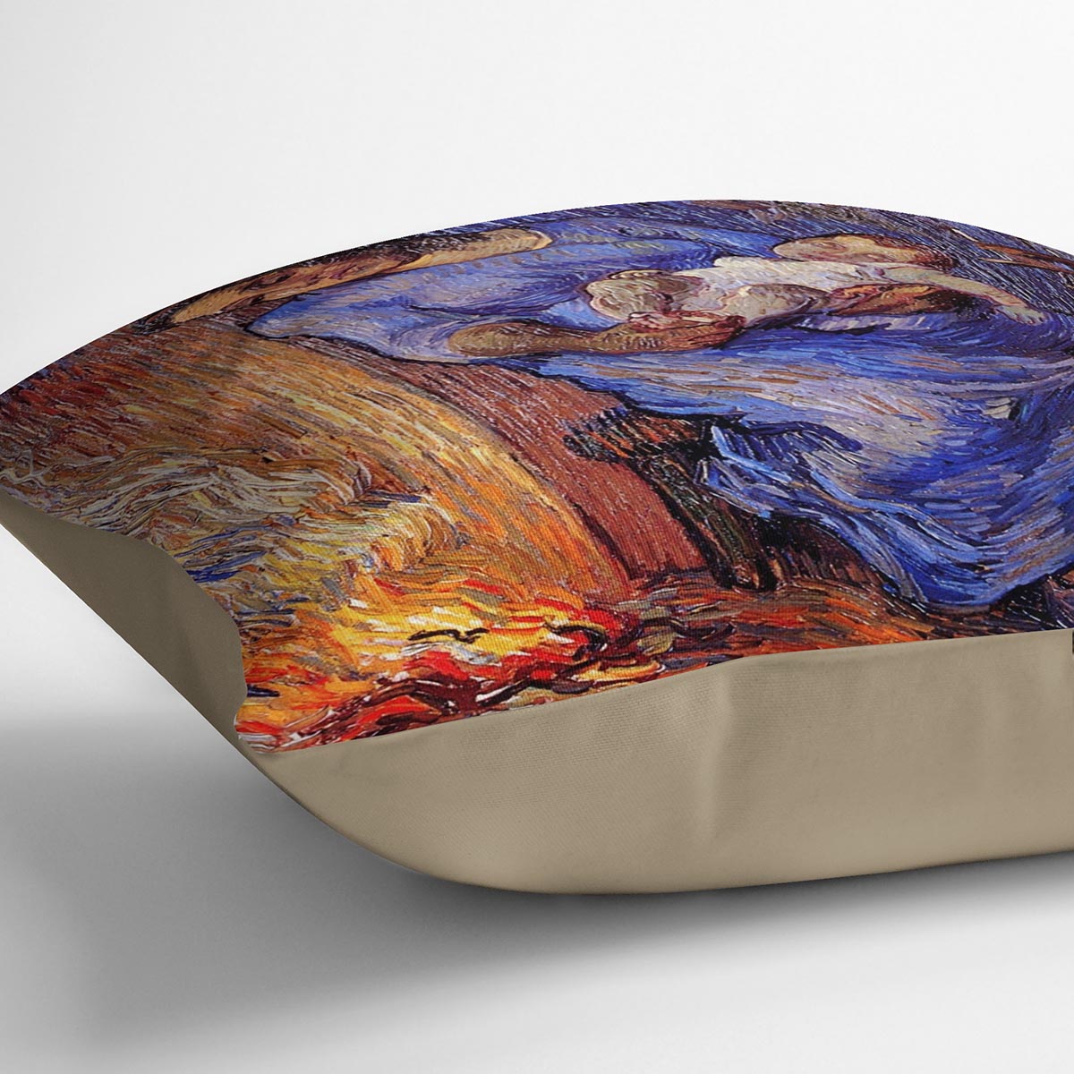 A vibrant cushion featuring an abstract design inspired by Van Gogh's 'The Man is at Sea after Demont-Breton', made from luxurious vegan faux suede.