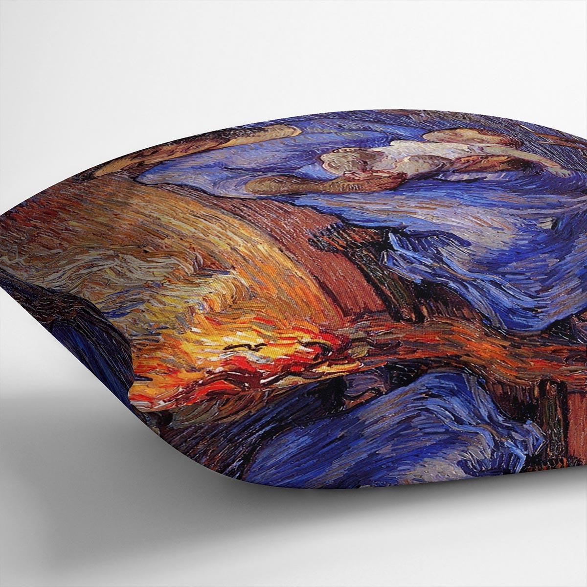 A vibrant cushion featuring an abstract design inspired by Van Gogh's 'The Man is at Sea after Demont-Breton', made from luxurious vegan faux suede.