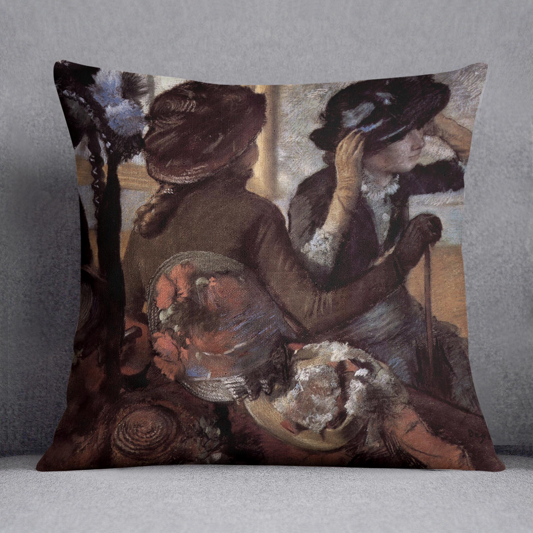 The Milliner 1 by Degas Cushion featuring vibrant abstract designs on luxurious vegan faux suede, perfect for home decor.